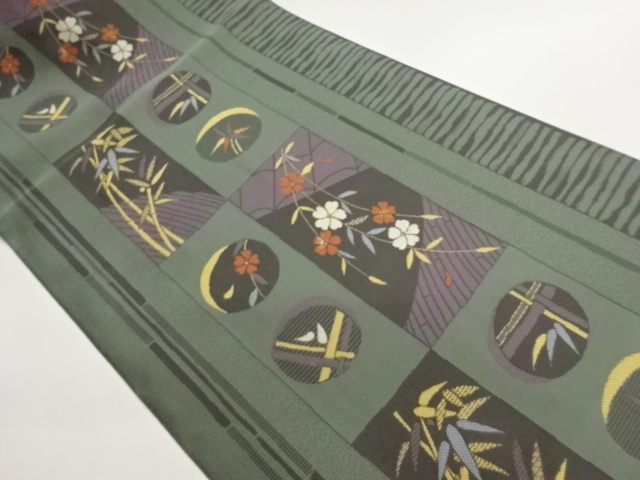 短冊に枝垂れ桜・竹模様織出し名古屋帯